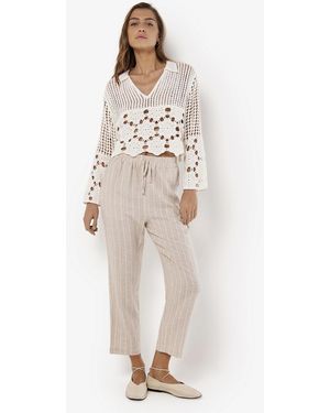 Apricot Crochet Knit Long Sleeve Collared Top New Look - White