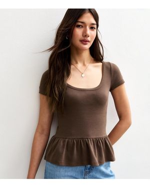 New Look Scoop Neck Peplum Hem Top - Brown