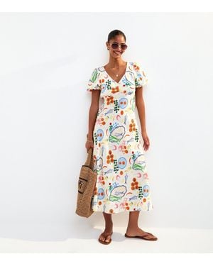 New Look Cream Fish Print Textured Puff Sleeve Midi Dress - White
