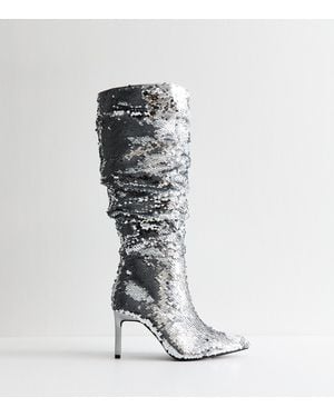 New Look Sequinned Stiletto Knee High Boots Vegan - White