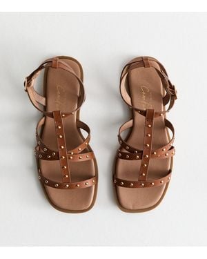New Look Wide Fit Faux Leather Studded Sandals - Brown