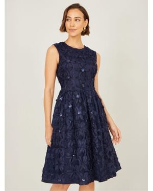 Yumi' Sequin Floral Applique Skater Dress - Blue