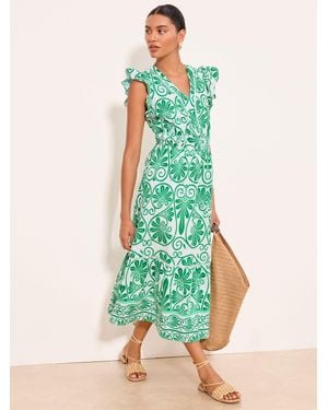 Lipsy Frill Sleeve Printed Broderie V-Neck Midi Dress - Green