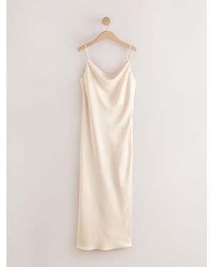 Next Satin Cowl Neck Wedding Guest Bridesmaid Maxi Dress - Natural