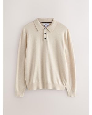 Next Regular Fit Cotton Rich Long Sleeve Knitted Polo Shirt - Natural
