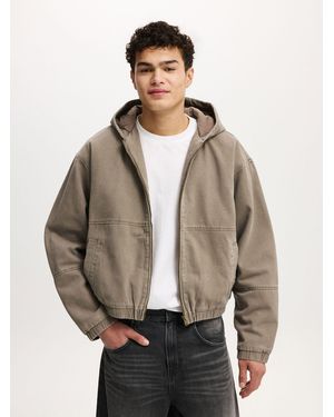 Cotton On Washed Chocolate Cropped Hooded Bomber Jacket - Natural