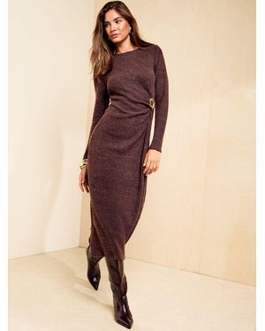 Friends Like These Chocolate Petite Cozy Long Sleeve Hardware Detail Midi Dress - Natural