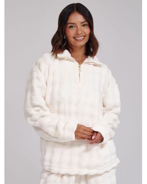 Loungeable Luxury Bubble Fleece Quarter Zip And Trousers Lounge Set - White