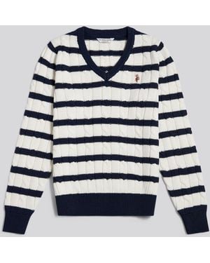 U.S. POLO ASSN. U. S. Polo Assn U. S. Polo Assn V-Neck Striped Cable Knit Sweater - Blue
