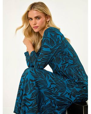 Roman Petite Swirl Print Stretch Midi Dress - Blue