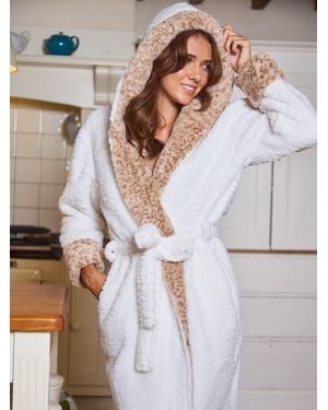 Loungeable Cream Leopard Print Faux Fur Trim Midi Dressing Gown - Weiß