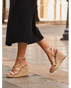 Sosandar Leather Strappy Wedge Espadrilles - Black