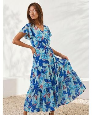 Roman Floral Tiered Tie Waist Midi Dress - Blue