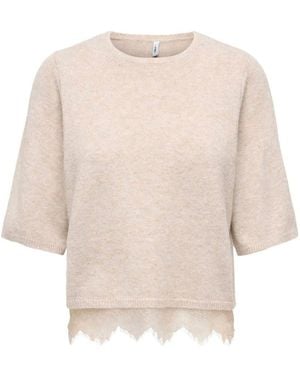 ONLY Short Sleeve Knit Jumper With Lace Hem - White