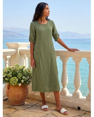 Roman Textured A-Line 100% Cotton Midi Dress - Green