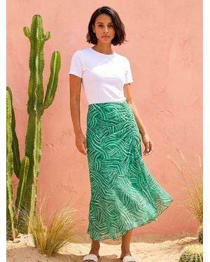 Roman Leaf Print Ruffle Midi Skirt - Green