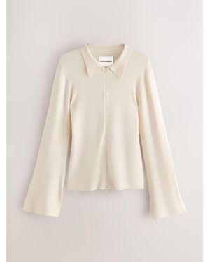 Nothing Ordinary Fitted Flare Sleeve Zip Through Compact Knit Cardigan - Natural
