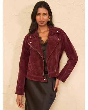 Love & Roses Berry Petite Suedette Zip Biker Jacket - Red
