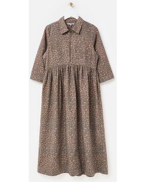 Oliver Bonas Animal Print Denim Zip Front Collared Midi Dress - Brown