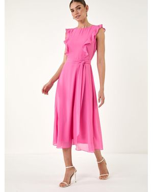 Roman Chiffon Frill Front Midi Dress - Pink