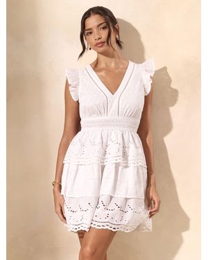 Lipsy Broderie Flutter Sleeve Tiered Mini Dress - Natural