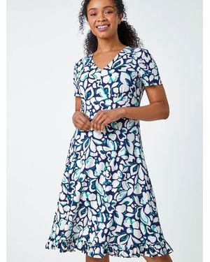 Roman Petite Floral Frill Hem Stretch Dress - Blue