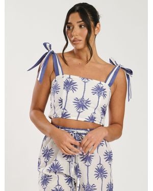 South Beach 100% Cotton Printed Tie Shoulder Top - Blue