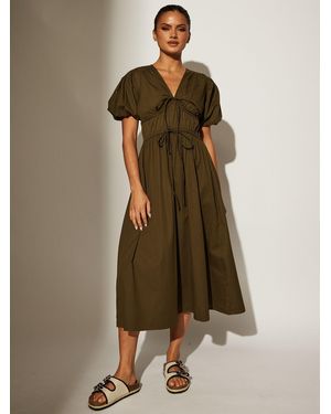 South Beach Tie Front Short Sleeve 100% Cotton Midi Dress - Natural