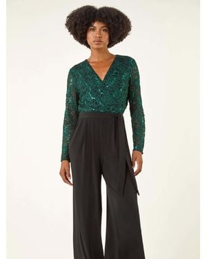 Roman Sequin Lace V-Neck Stretch Jumpsuit - Blue
