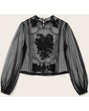 AllSaints Cesca Embroidered Long-Sleeve Sheer Woven Top - Black