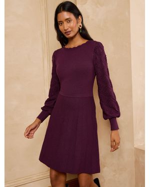 Love & Roses Burgundy Petite Boat Neck Scalloped Knitted Mini Dress - Purple