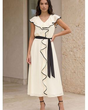 Roman Frill Contrast Tipped Midi Dress - Natural