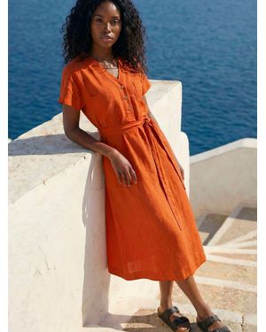 Roman Button Linen Mix Midi Dress - Orange