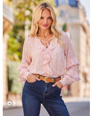 Sosandar Check Print Ruffle Detail Blouse - Pink
