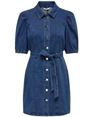 ONLY Short Sleeve Tie Waist Midi Denim Dress - Blue