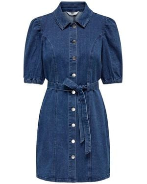 ONLY Short Sleeve Tie Waist Midi Denim Dress - Blue