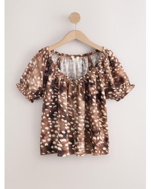 Next Puff Sleeve Bardot Top With Linen - Natural