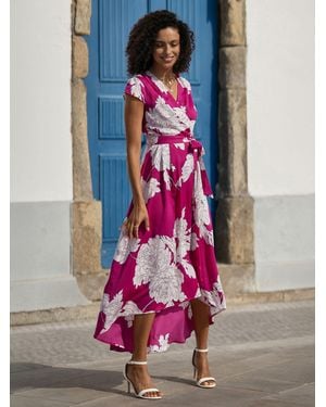 Yumi' Blossom Print Wrap Midi With Dipped Hem Dress - Pink