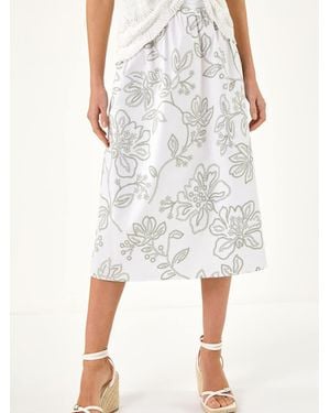 Roman Floral Broderie Midi Skirt - White