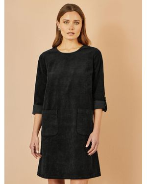 Yumi' Cord Tunic Dress With 3/4 Sleeves And Pockets - Black