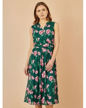 Yumi' Floral Print Mesh Stretch Midi Dress With Pockets - Blue