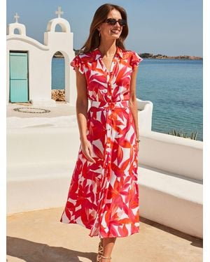 Sosandar Petite Floral Print Belted Shirt Dress - Red
