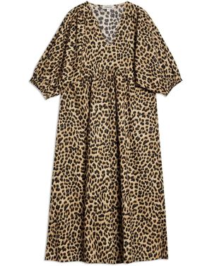 Albaray Animal V-Neck 100% Cotton Midi Dress - Brown