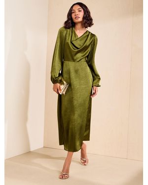 Friends Like These Satin Cowl Neck Long Sleeve Midi Dress - Green