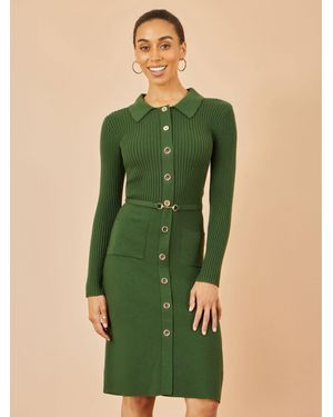Yumi' Rib Knit Midi Shirt Dress With Snaffle Belt - Green