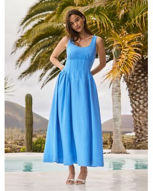 Ro & Zo Waist Detail Dress With Linen - Blue