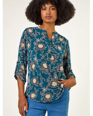 Roman Textured Floral Print Stretch Shirt - Blue