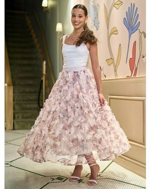 Yumi' Floral Ruffle Mesh Midi Skirt - Natural