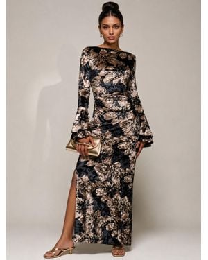Jolie Moi Ruffle Sleeve Velvet Maxi Dress - Natural