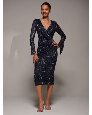 Jolie Moi Ruffle V-Neckline Mesh Bodycon Midaxi Dress - Blue